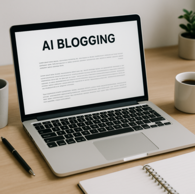 Laptop met een AI-blogtool op het scherm, symbool voor automatisch bloggen en SEO-contentcreatie voor bedrijven.