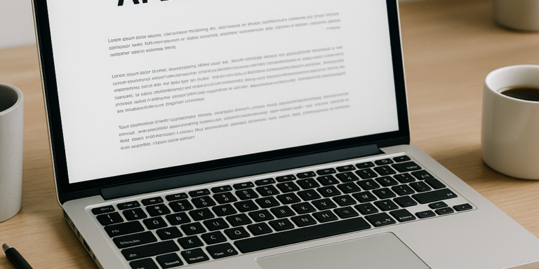 Laptop met een AI-blogtool op het scherm, symbool voor automatisch bloggen en SEO-contentcreatie voor bedrijven.