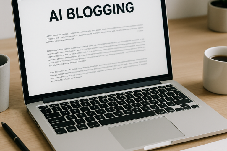 automatisch-bloggen-zo-werkt-onze-ai-blogtool-voor-bedrijven Laptop met een AI-blogtool op het scherm, symbool voor automatisch bloggen en SEO-contentcreatie voor bedrijven.