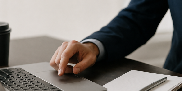 Een kantoormedewerker in een net donkerblauw pak die typt op een laptop aan een bureau met een notitieblok en pen, voorzien van tekst over AI-chatbots voor klantenservice