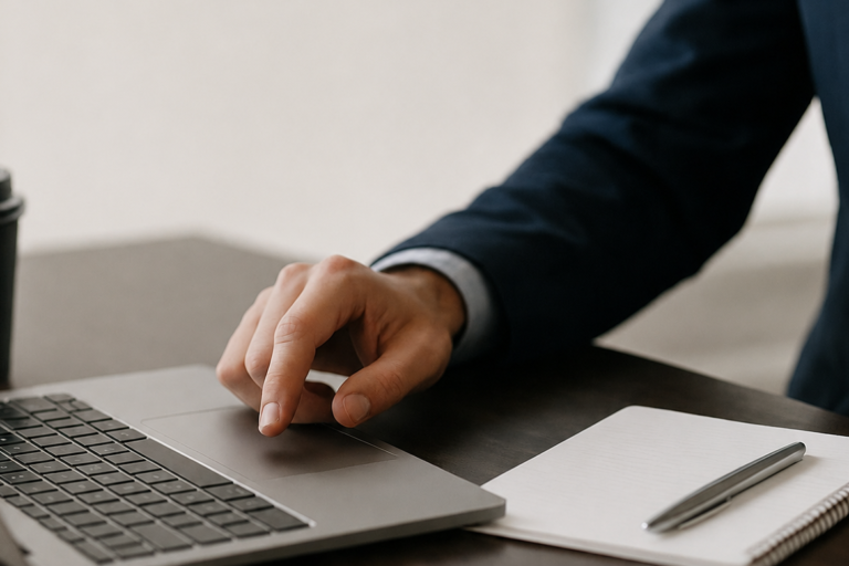 hoe-ai-chatbots-de-klantenservice-van-jouw-bedrijf-24-7-kunnen-verbeteren Een kantoormedewerker in een net donkerblauw pak die typt op een laptop aan een bureau met een notitieblok en pen, voorzien van tekst over AI-chatbots voor klantenservice