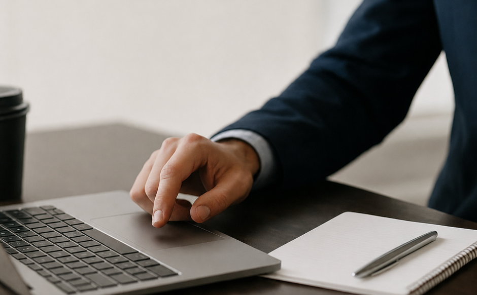 hoe-ai-chatbots-de-klantenservice-van-jouw-bedrijf-24-7-kunnen-verbeteren Een kantoormedewerker in een net donkerblauw pak die typt op een laptop aan een bureau met een notitieblok en pen, voorzien van tekst over AI-chatbots voor klantenservice